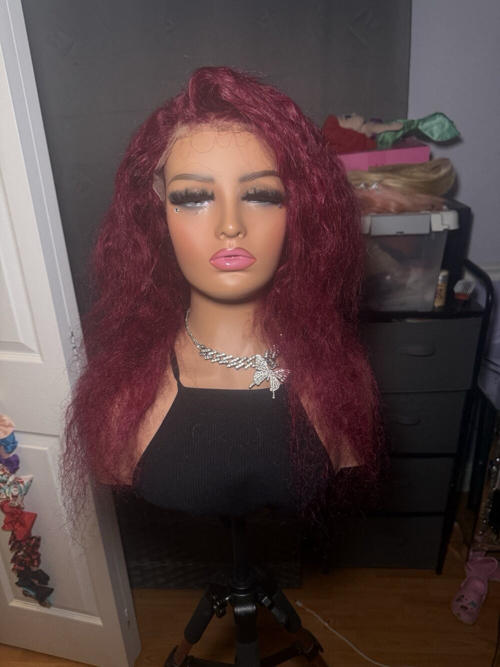 Burgundy Kinky Curly Human Hair Blend Wig – 13x6 Frontal